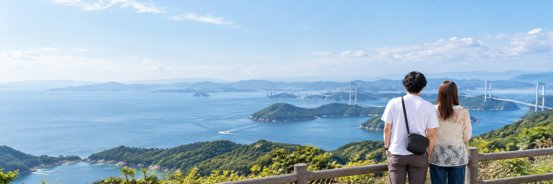 瀬戸内海を眺めるふたりの後ろ姿（写真調の生成イメージ）