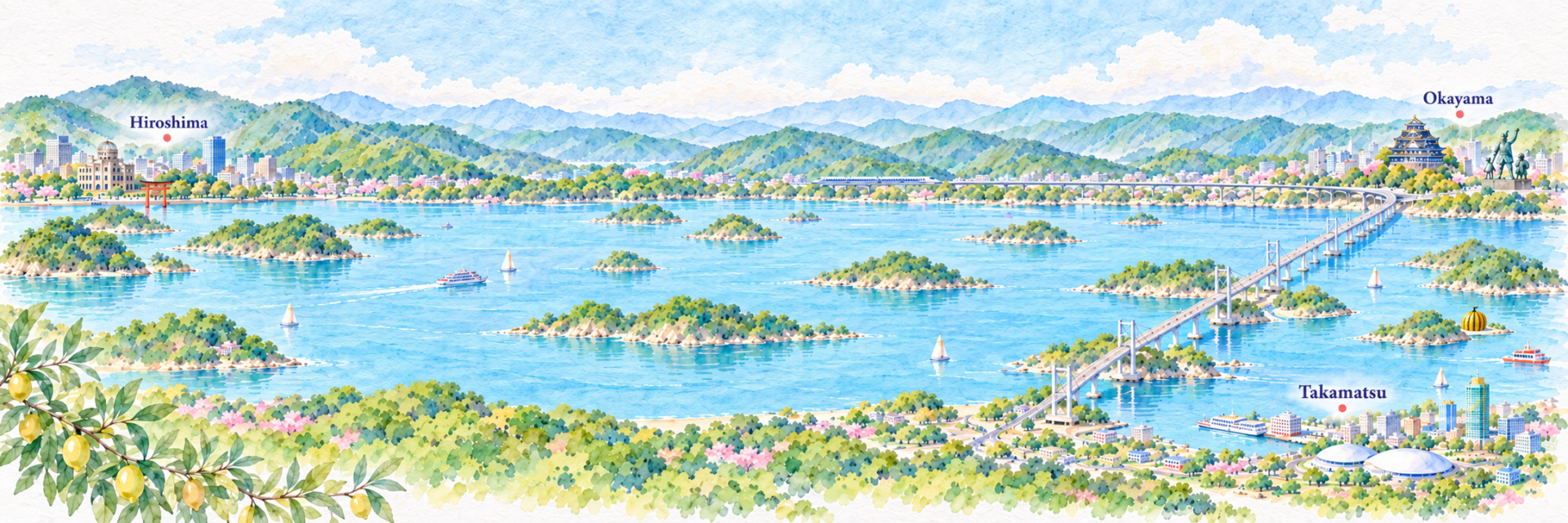 広島・岡山・高松をつなぐ瀬戸内の水彩イラスト