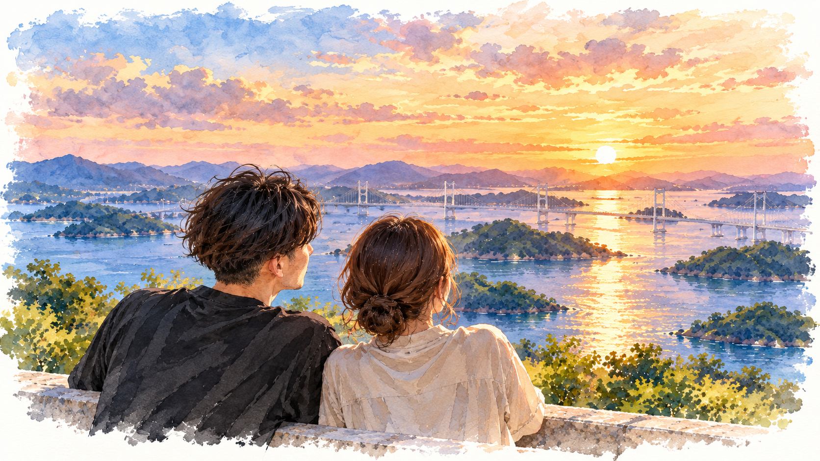 夕暮れの瀬戸内を眺めるふたり