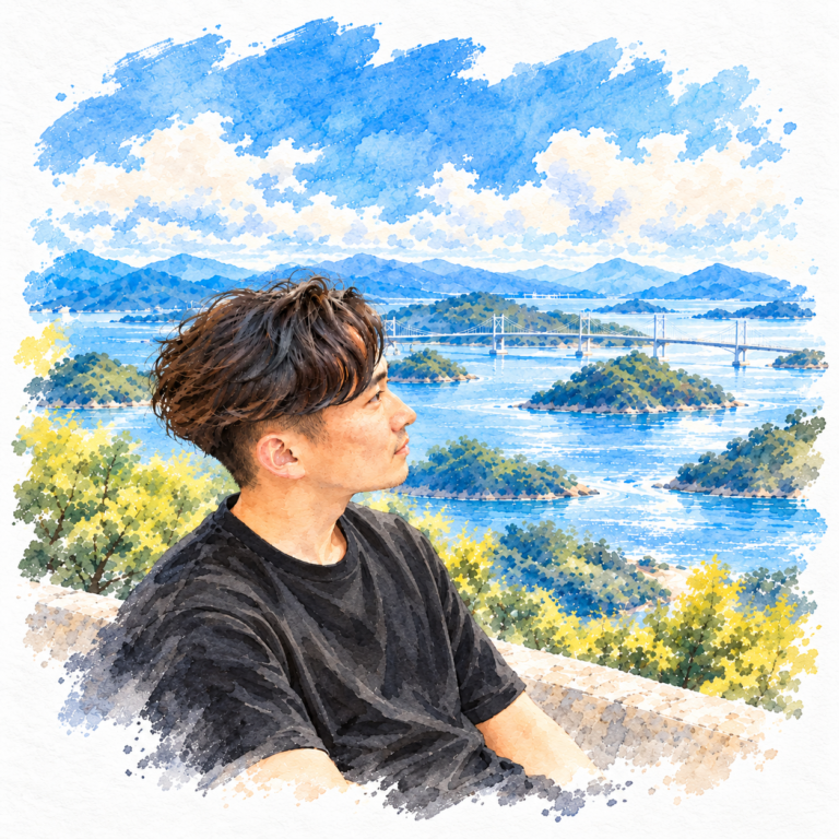 瀬戸内を背景にしたR.の水彩イラスト