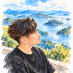 瀬戸内海を見つめるR.の水彩イラスト